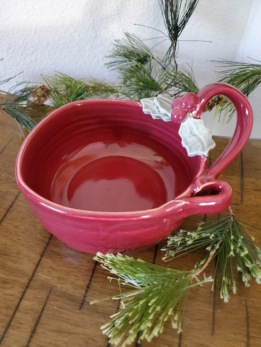 Artisan Handcrafted Red Ceramic Holiday Bowl Holly Berry Handle Festive Pottery